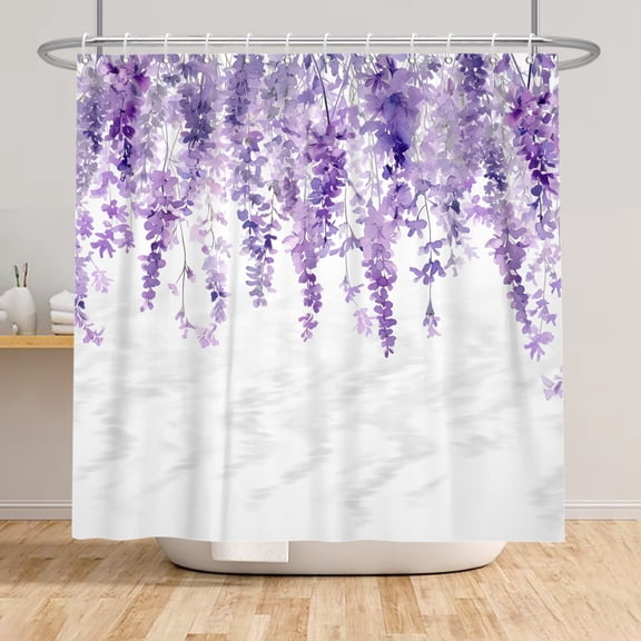 SUNOLIFE Purple Lavender Shower Curtain Floral Waterproof Fabric Bathroom Curtains with Hooks,72x72 in