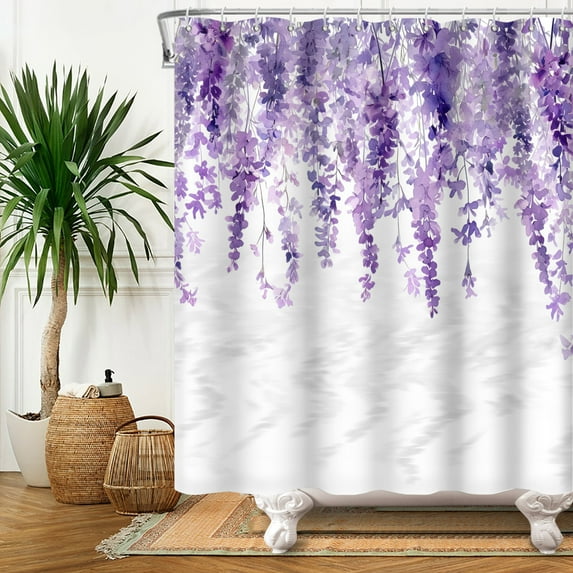 SUNOLIFE Purple Floral Shower Curtain,Flowers Plants Waterproof Fabric Bathroom Curtain with Hooks,72x72 in