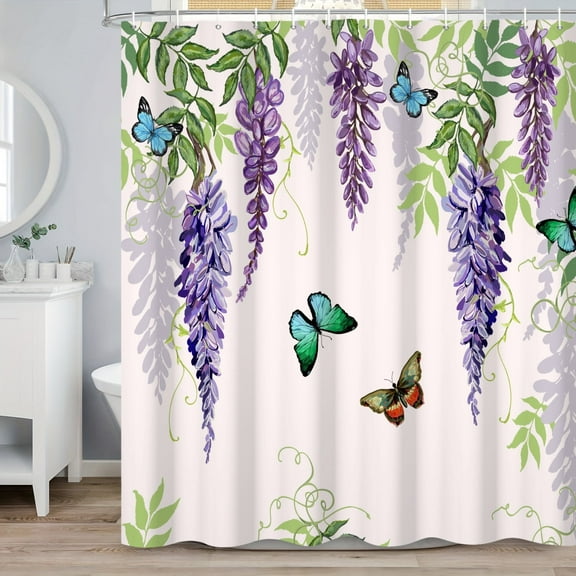 SUNOLIFE Purple Floral Shower Curtain Spring Butterfly Bathroom Curtain with Hooks. 72x72 in
