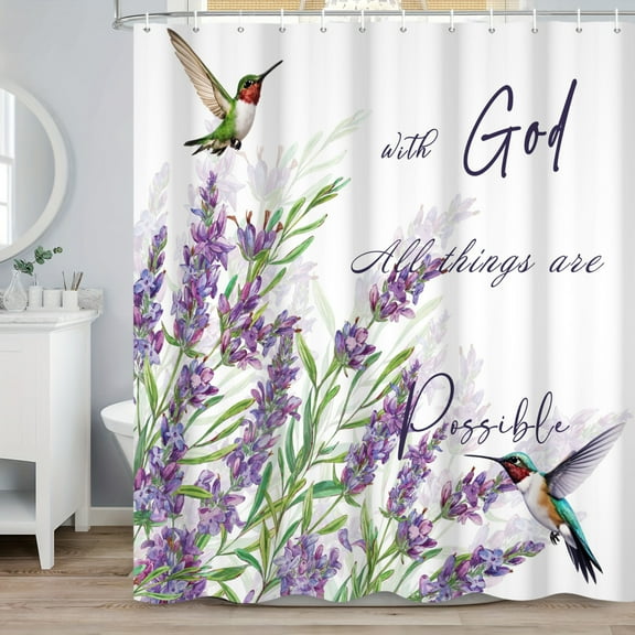 SUNOLIFE Purple Lavender Shower Curtain,Hummingbird Floral Quotes Fabric Bathroom Curtain with Hooks,72x72 in