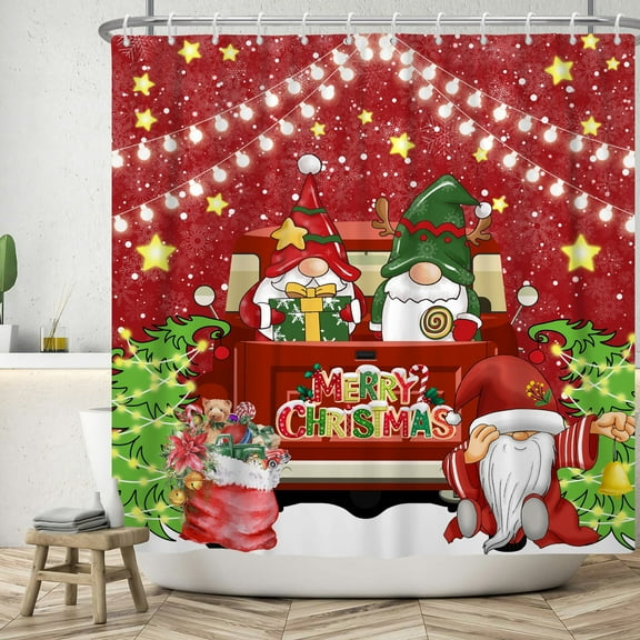 SUNOLIFE Red Christmas Gnome Shower Curtain Xmas Truck Waterproof Fabric Bathroom Curtain 47x64 in
