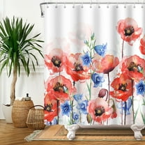 SUNOLIFE Red Floral Shower Curtain Watercolor Flowers Waterproof Fabric Bathroom Curtain 72x72 in