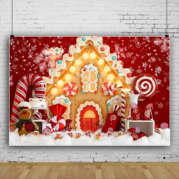 SUNOLIFE Red Merry Christmas Backdrop Banner Gingerbread House Photo Background 6x4ft