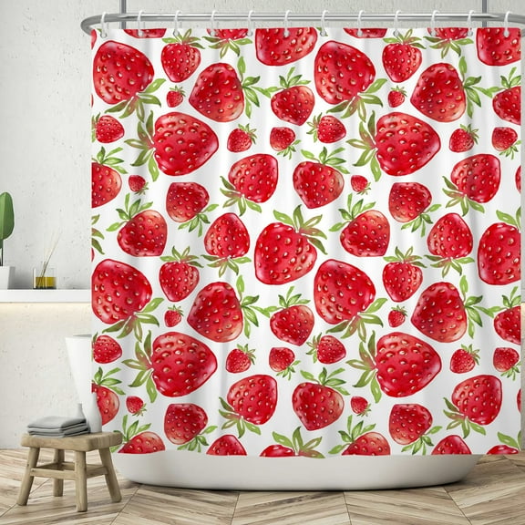 SUNOLIFE Red Strawberry Shower Curtain Summer Fruit Waterproof Fabric Bathroom Curtain 72x72 in