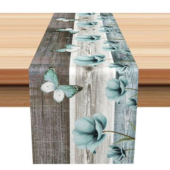 SUNOLIFE Rustic Floral with Butterfly Table Runner Teal Wood Board Table Runner for Kitchen Dining Decoration 13 x 60 Inch