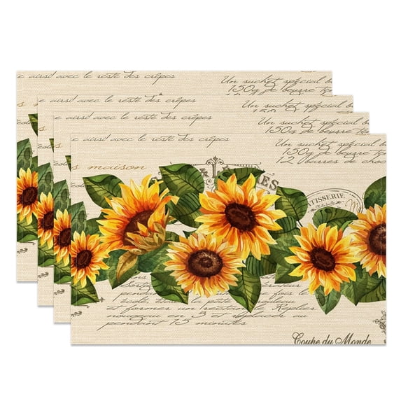 SUNOLIFE Rustic Sunflower Placemats Set of 4,Fall Floral Linen Fabric Table Mats for Farmhouse Dining Table Decorations 12x18 inch