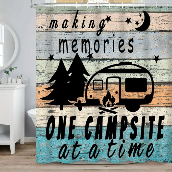 SUNOLIFE Rv Camper Shower Curtain,Camping Travel Waterproof Fabric Bathroom Curtain with Hooks,47x64 in