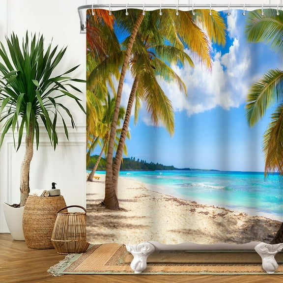 SUNOLIFE Sea Beach Shower Curtain Summer Hawaii Ocean Seaside Fabric Bathroom Curtain with Hooks,47x64 in
