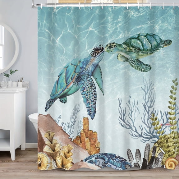 SUNOLIFE Sea Turtle Shower Curtain Ocean Beach Bathroom Curtain Nautical Coastal Fabric Bath Curtain with Hooks,60x72 in