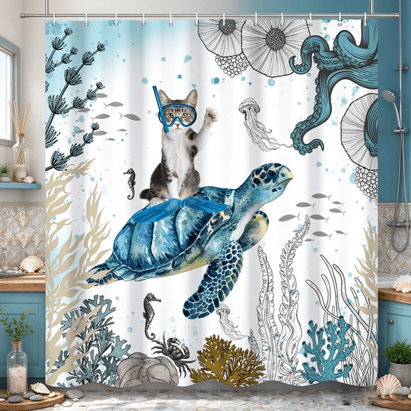 SUNOLIFE Turtle with Cat Shower Curtain Funny Ocean Coastal Fabric Waterproof Bathroom Curtains,72x72 in