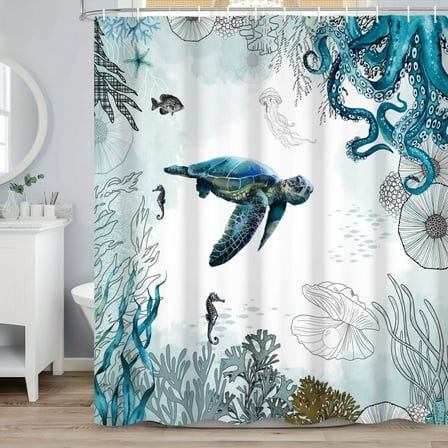 SUNOLIFE Sea Turtle with Octopus Shower Curtain Ocean Nautical Coastal Bathroom Curtain 72x72 in