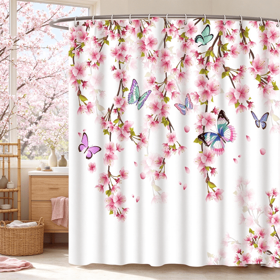 SUNOLIFE Spring Floral Shower Curtains Pink Butterfly with Cherry Blossom Bathroom Curtain 72x72 in