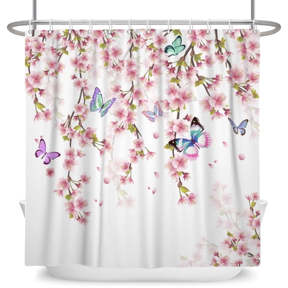 SUNOLIFE Spring Cherry Blossom Shower Curtain,Pink Butterfly with Floral Bathroom Curtain 72x78 in