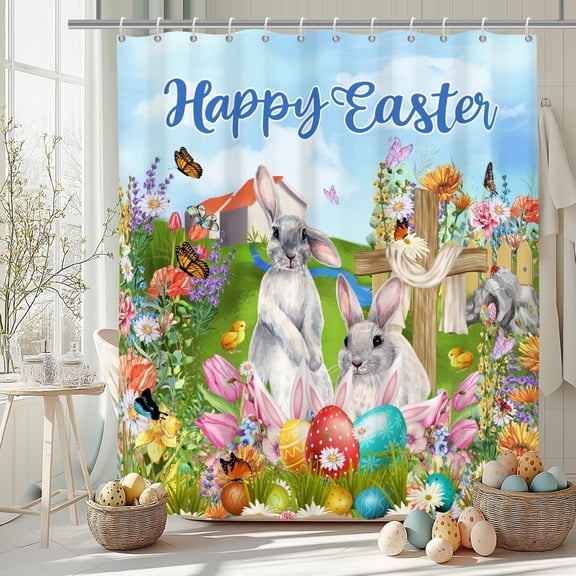 MIZHONA Spring Easter Shower Curtain,Happy Easter Rabbit and Eggs Fabric Floral Bathroom Curtain with Hooks,72x72 in