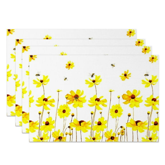 SUNOLIFE Spring Floral Placemats Set of 4,Yellow Flowers Table Mats for Dining Table Decorations 12x18 inch