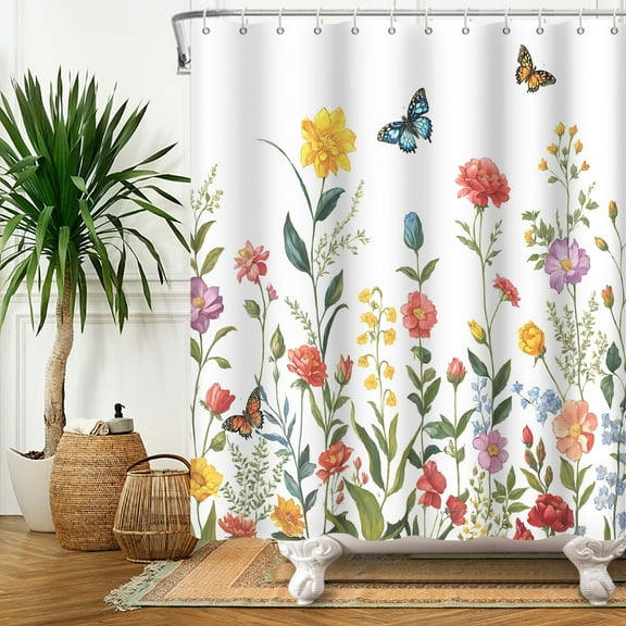 SUNOLIFE Spring Floral Shower Curtain,Butterfly and Flowers Fabric Bathroom Curtain with Hooks,72x72 in