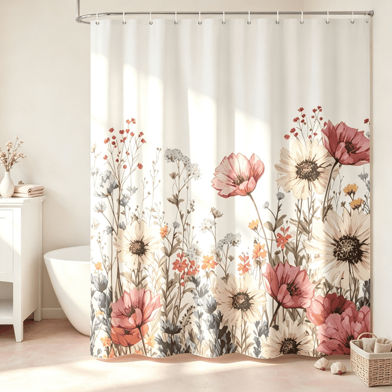 SUNOLIFE Spring Floral Fabric Shower Curtain Pink Daisy Flowers Waterproof Polyster Bathroom Curtain,72"W x 72"L