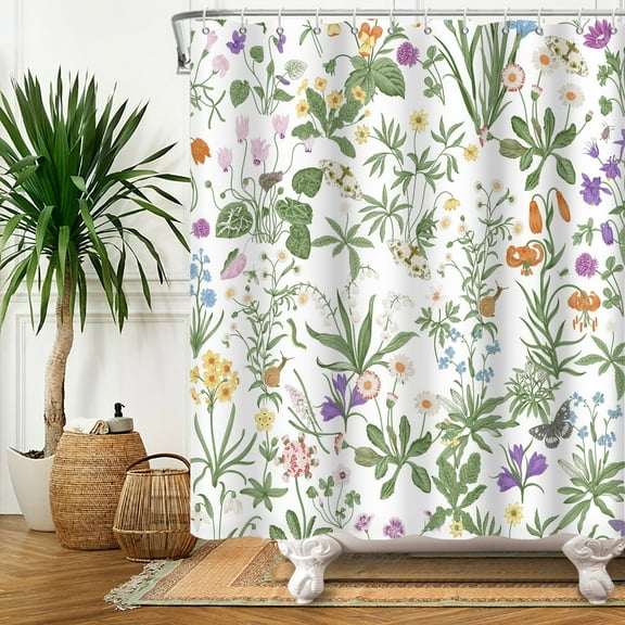 SUNOLIFE Spring Floral Shower Curtain,Flowers and Plants Herbs Fabric Bathroom Curtain with Hooks,72x72 in