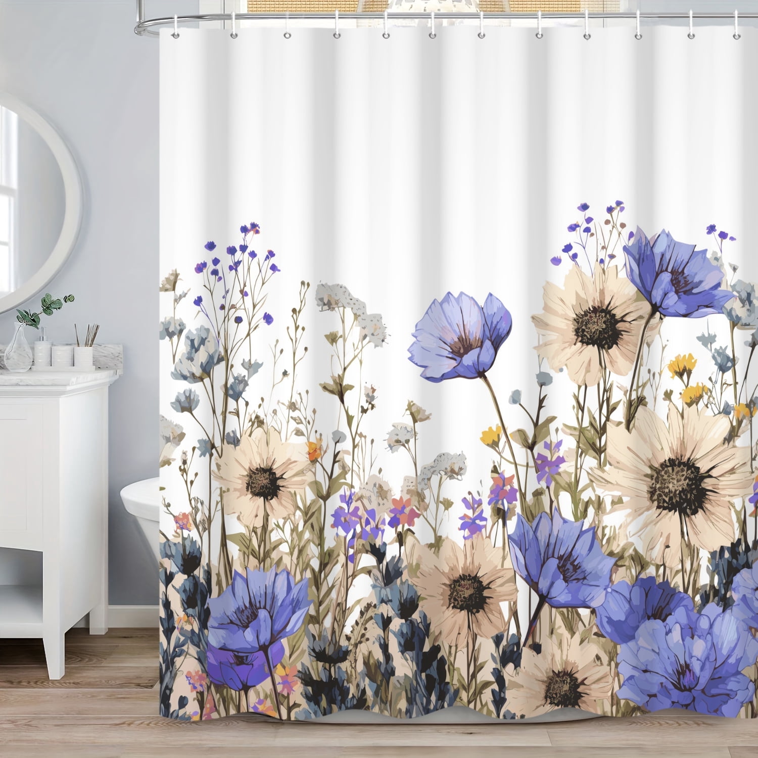 SUNOLIFE Spring Floral Shower Curtain,Purple Flowers Waterproof Polyster Bathroom Curtain,72x72 in