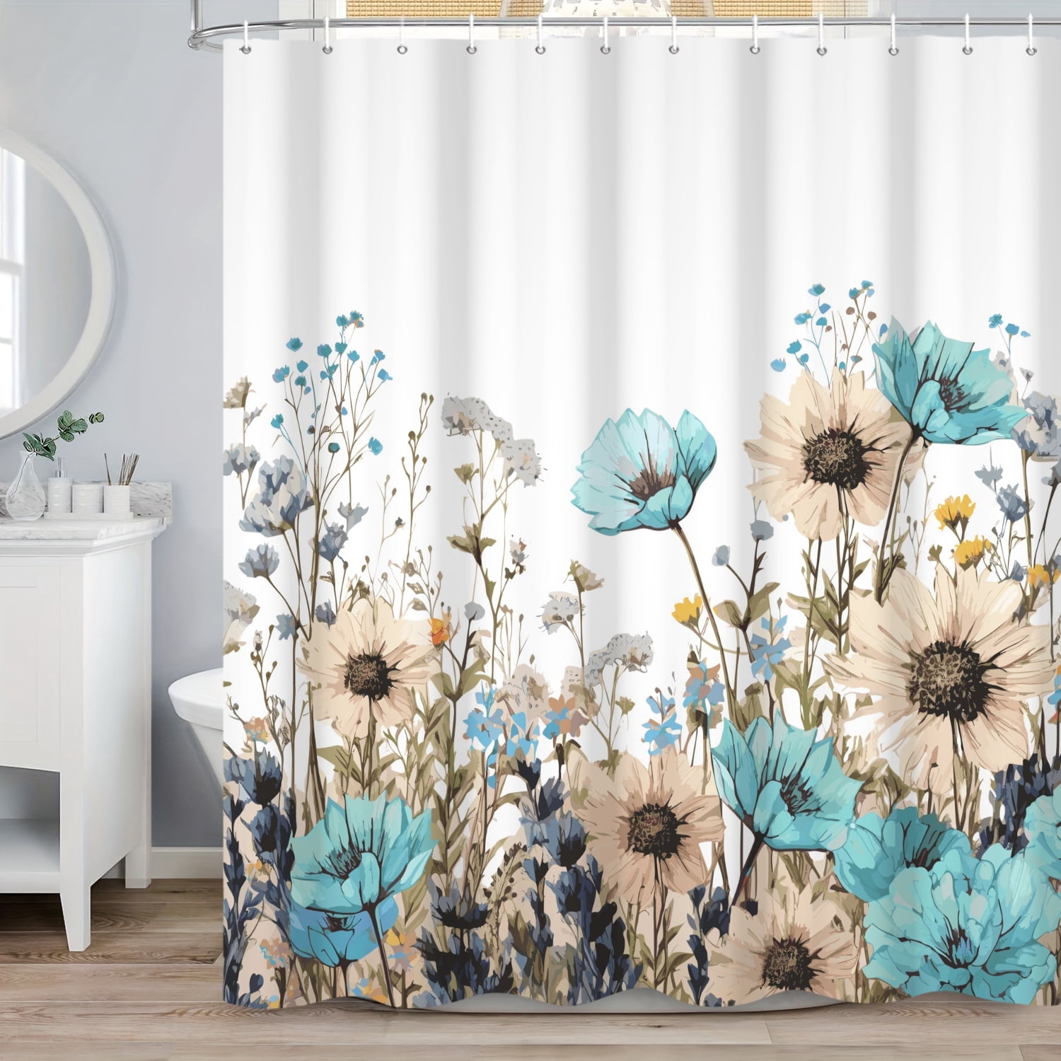 SUNOLIFE Spring Floral Shower Curtain,Teal Flowers Waterproof Polyster Bathroom Curtain, 60x72 in