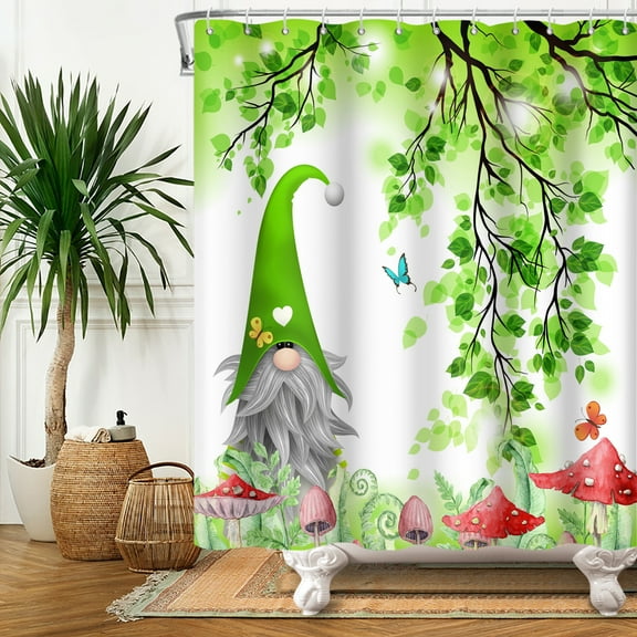 SUNOLIFE Spring Gnome Shower Curtain Green Leaves Bathroom Set,Mushroom Fabric Bath Curtain with Hooks,72x72 in