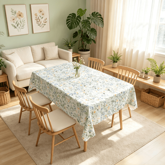 SUNOLIFE Green Floral Tablecloth Rectangular Spring Flowers Plants Table Cloth Cover 60 x 84 Inch