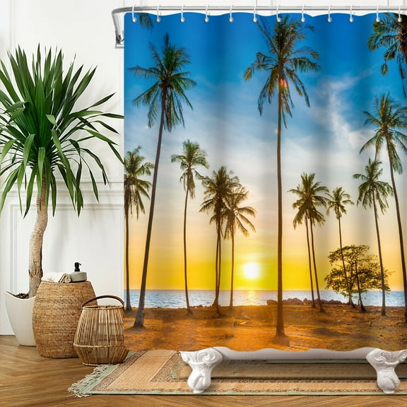 SUNOLIFE Summer Beach Shower Curtain,Ocean Seaside Hawaii Waterproof Fabric Bathroom Curtain with Hooks,72x72 in