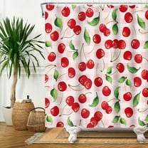 SUNOLIFE Summer Fruit Shower Curtain Pink Cherry Waterproof Fabric Bathroom Curtain Set 72x72 in