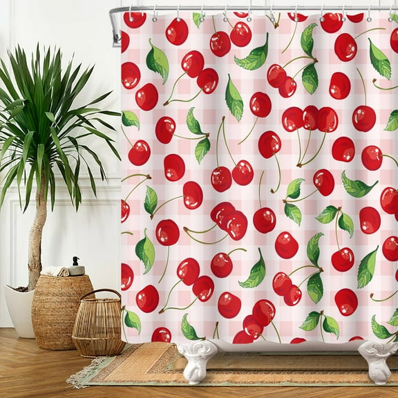 SUNOLIFE Summer Fruit Shower Curtain Pink Cherry Waterproof Fabric Bathroom Curtain Set 72x72 in