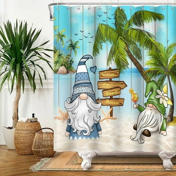 SUNOLIFE Summer Gnome Shower Curtain,Hawaii Ocean Waterproof Fabric Bathroom Curtain with Hooks,72x72 in