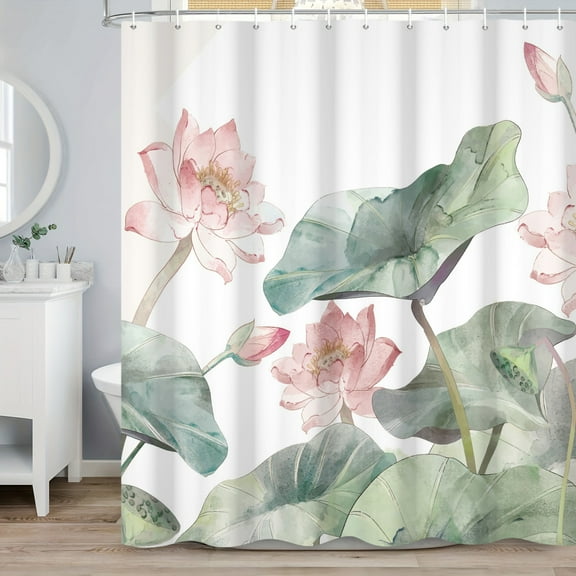 SUNOLIFE Summer Lotus Shower Curtain,Chinese Floral Waterproof Fabric Bathroom Curtain with Hooks,72x78 in