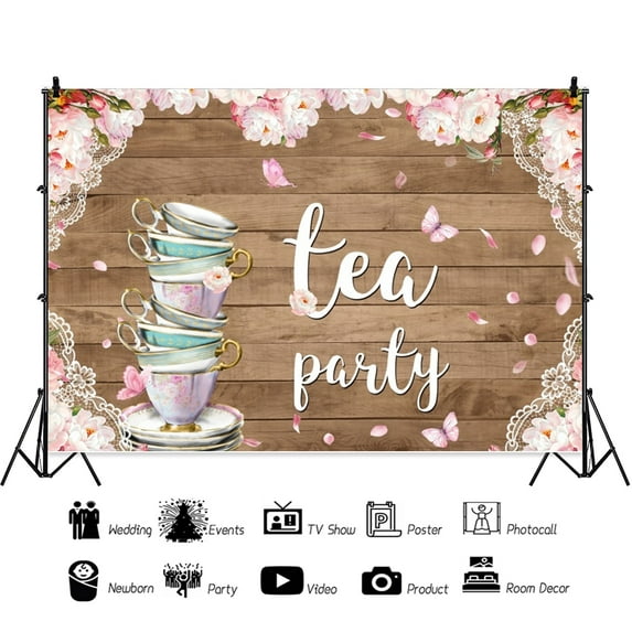 SUNOLIFE Tea Party Backdrop Banner Let's Partea Birthday Background for Tea Time Party Decorations 10x8ft