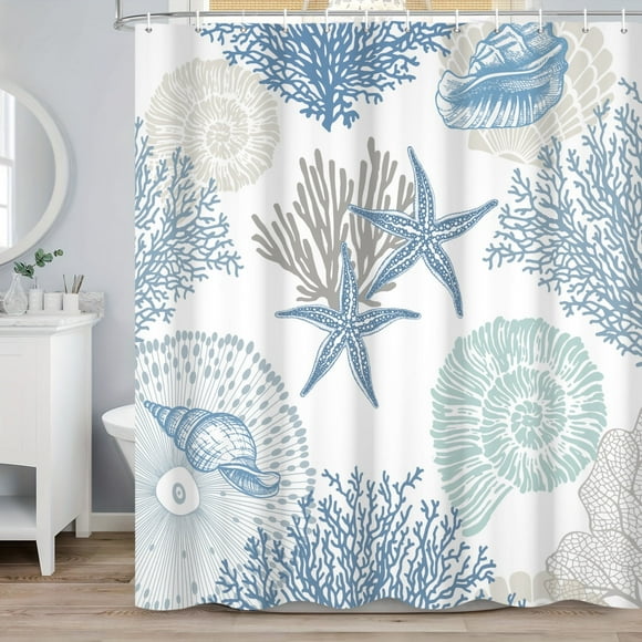 SUNOLIFE Teal Coastal Shower Curtain,Nautical Ocean Beach Theme Coral Fabric Bathroom Curtain,72x72 in