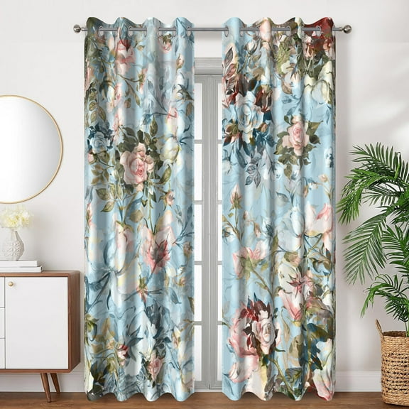 SUNOLIFE Teal Floral Blackout Curtains 2 Panels 52x84 Inch Spring Flowers Window Curtains for Living Room Bedroom
