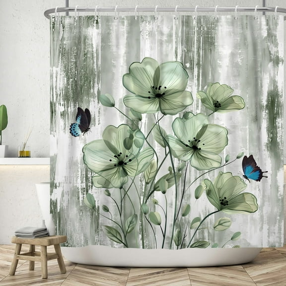 SUNOLIFE Teal Floral Shower Curtain Rustic Flowers Fabric Bathroom Curtain,72x72 in