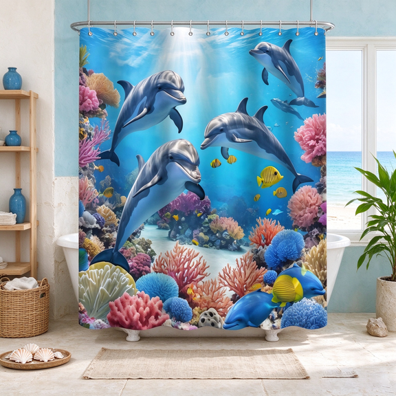 SUNOLIFE Ocean Dolphins Shower Curtain Coastal Under the Sea Coral Fabric Bathroom Curtain with Hooks,72x72 in