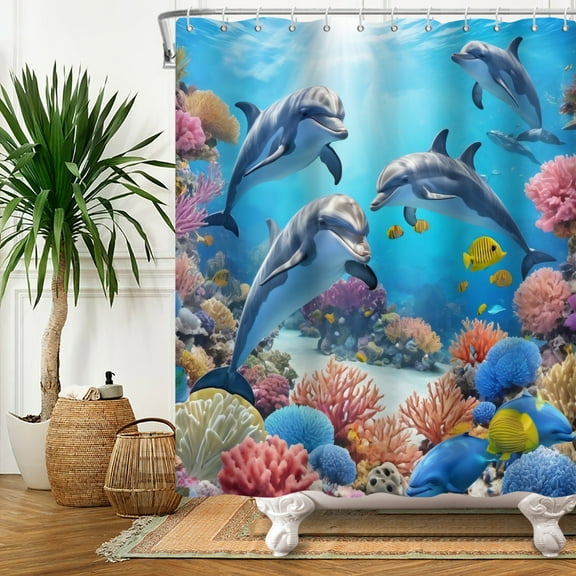 SUNOLIFE Under the Sea Shower Curtain,Ocean Dolphins Coral Fabric Bathroom Curtain with Hooks,72x72 in