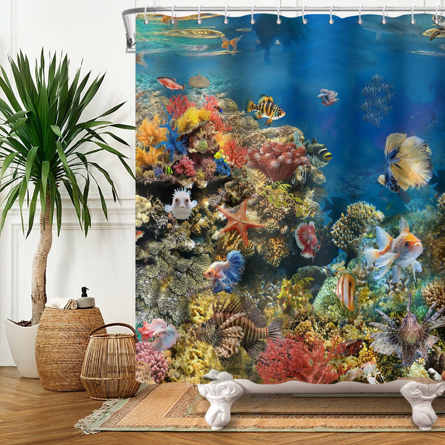 Sea Turtle Shower Curtain, Ocean Bathroom Decor, Marine Life Bath, image size:1500x1500