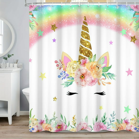 SUNOLIFE Unicorn Shower Curtain for Kids Bathroom,Rainbow Waterproof Fabric Bathroom Curtain with Hooks,47x64 in