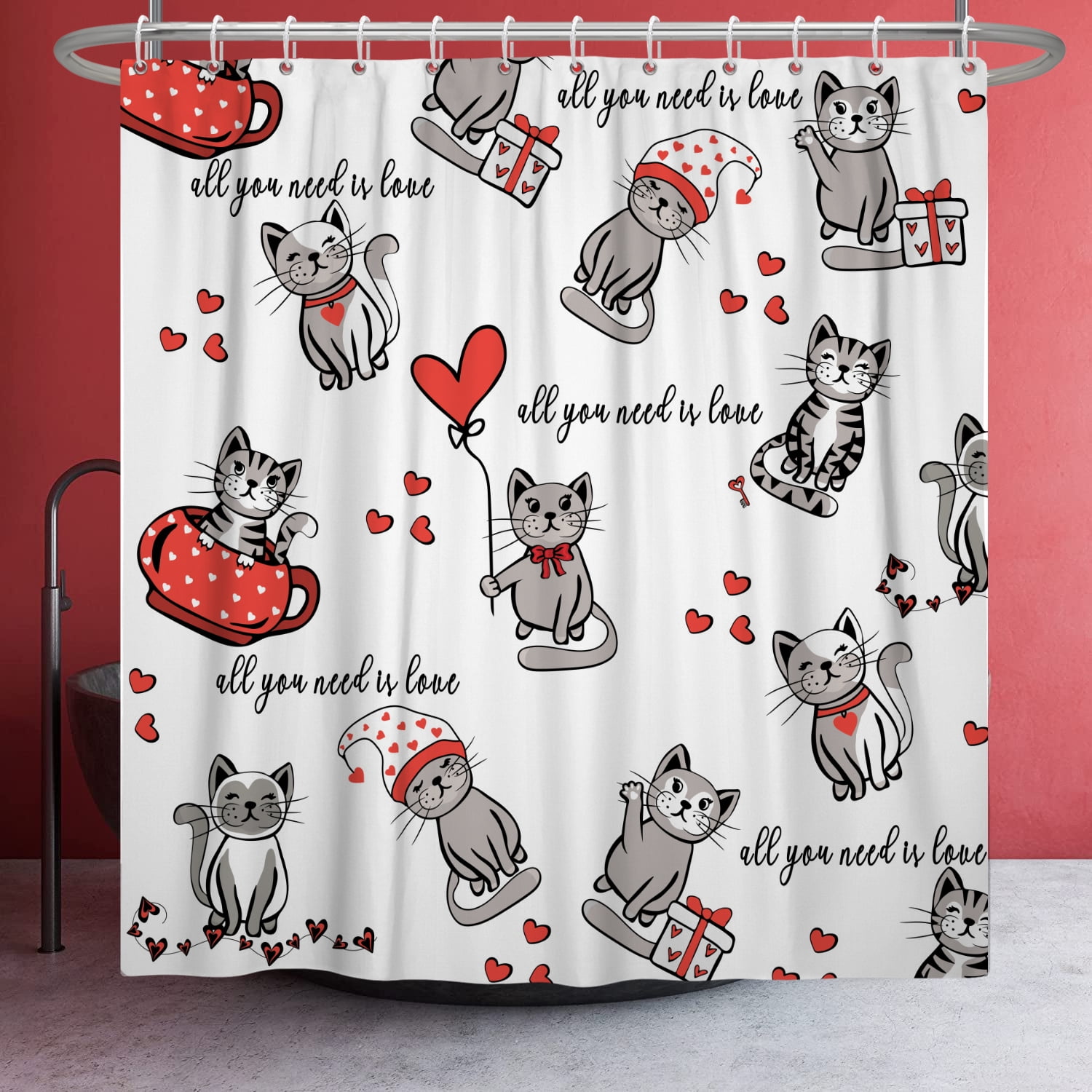 SUNOLIFE Valentine Cat Shower Curtain Cute Valentine's Day Bathroom