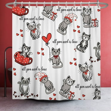 SUNOLIFE Valentine Cat Shower Curtain Cute Valentine's Day Bathroom Curtain with Hooks,72x72 in