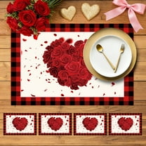 SUNOLIFE Valentine Placemat Set of 4 Red Rose Linen Place Mats for Dining Table Decor