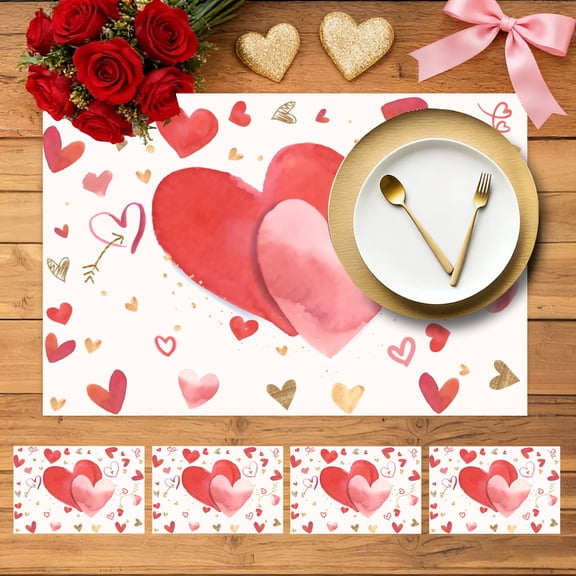 SUNOLIFE Mother's Day Placemat Set of 4 Heart Linen Place Mats for Dining Table Decor