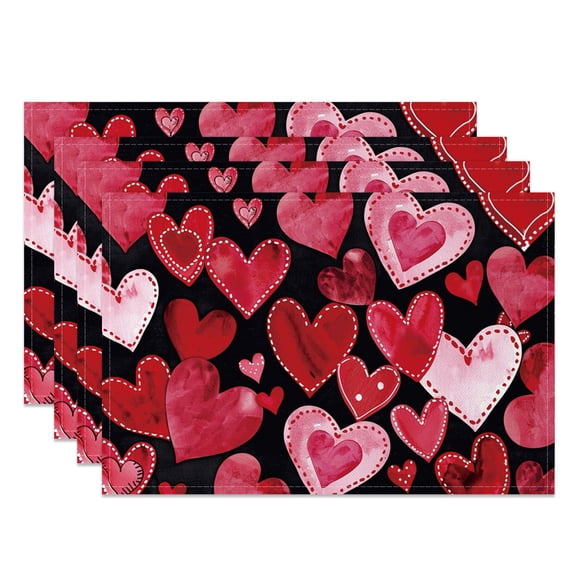 SUNOLIFE Valentine's Day Placemats Set of 4,Pink Heart Table Place Mats 12x18 inch