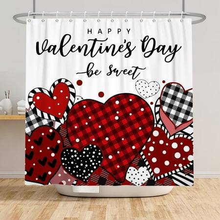 SUNOLIFE Valentines Shower Curtain,Valentines Day Heart Bathroom Curtain with Hooks,Waterproof,72x72 in
