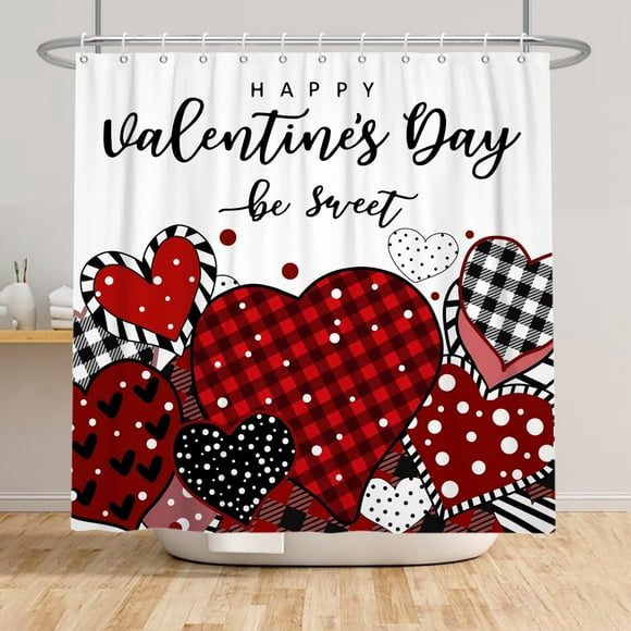 SUNOLIFE Valentines Shower Curtain,Valentines Day Heart Bathroom Curtain with Hooks,Waterproof,72x72 in