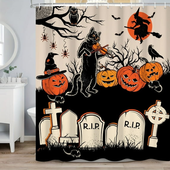 SUNOLIFE Vintage Halloween Shower Curtain Spooky Pumpkin Witch Waterproof Fabric Bathroom Curtain 60x72 in