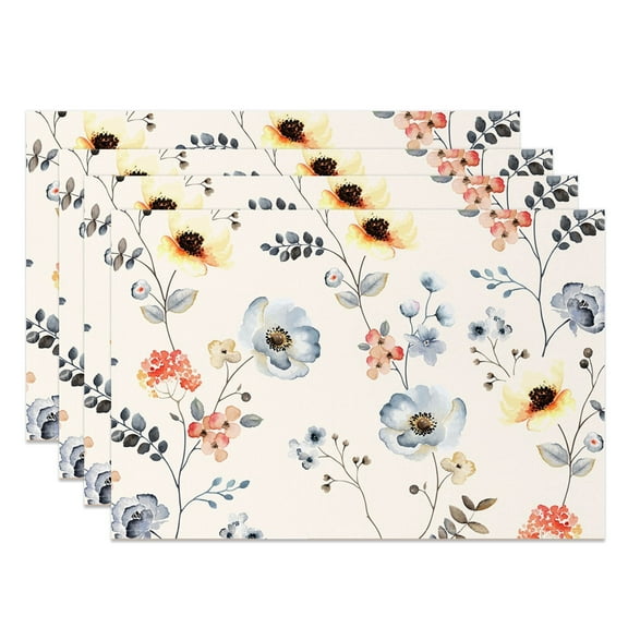 SUNOLIFE Watercolor Floral Placemats Flower Table Mats Set of 4,Spring Plants Linen Fabric Mats for Dining Table Decorations 12x18 inch