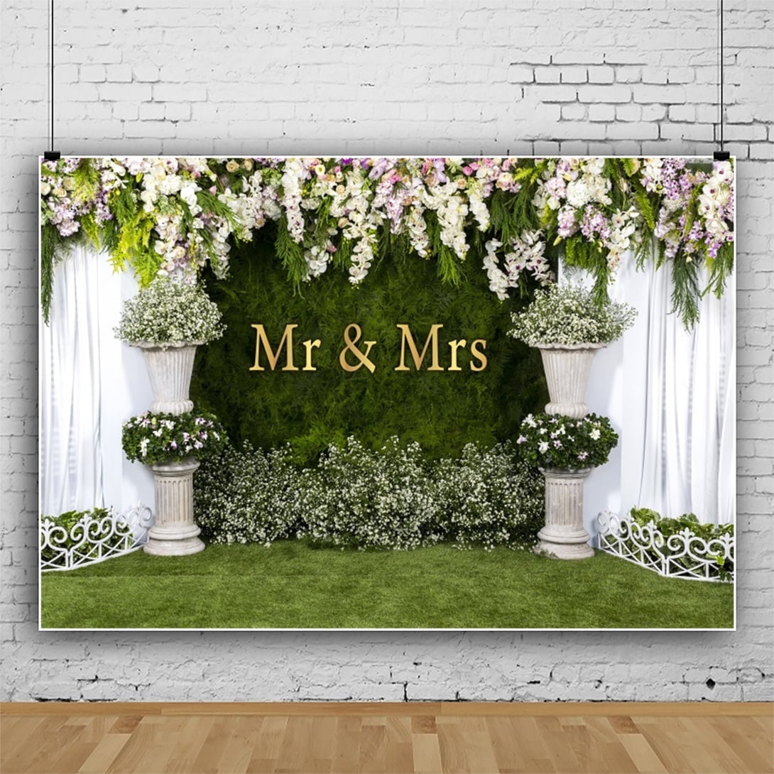SUNOLIFE White Floral Wall Backdrop Banner lawn Wedding Mr Mrs Photo Background Banner 7x5ft
