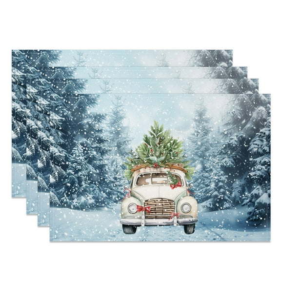 SUNOLIFE Winter Christmas Placemats Set of 4,Snow Scene Table Place Mats 12x18 inch